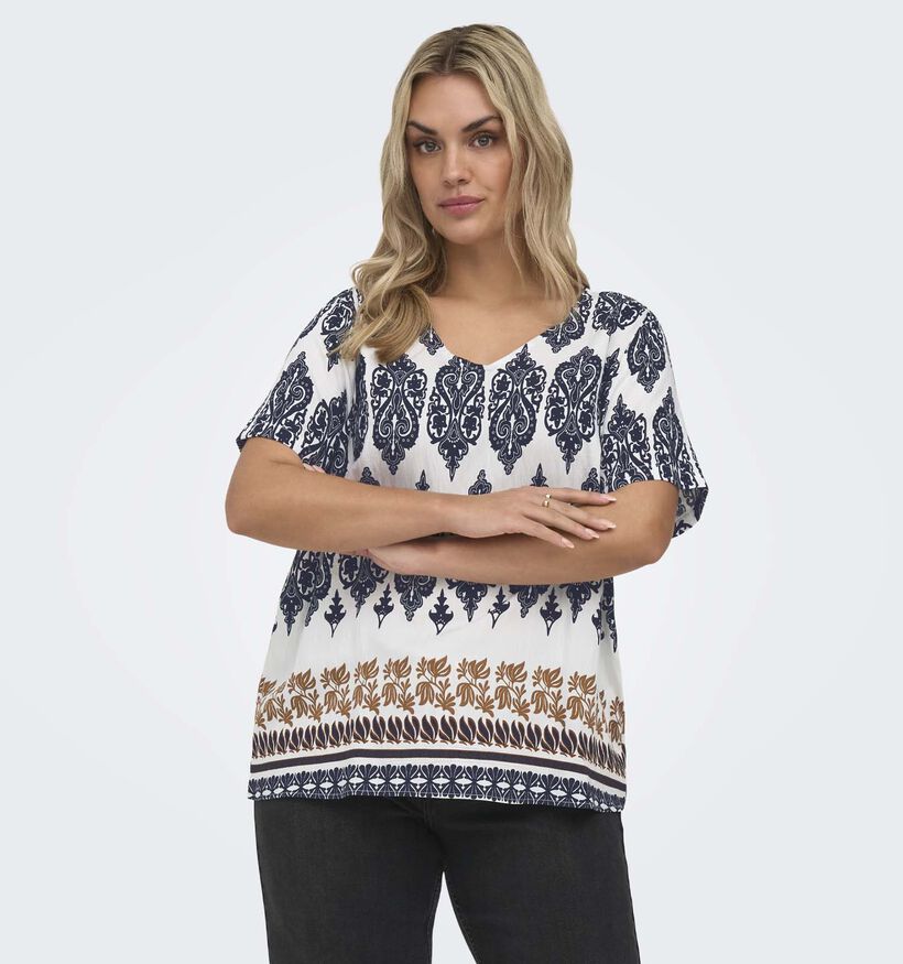 ONLY Carmakoma Havana Blouse en Blanc/Bleu fonc&eacute; pour femmes (374869)