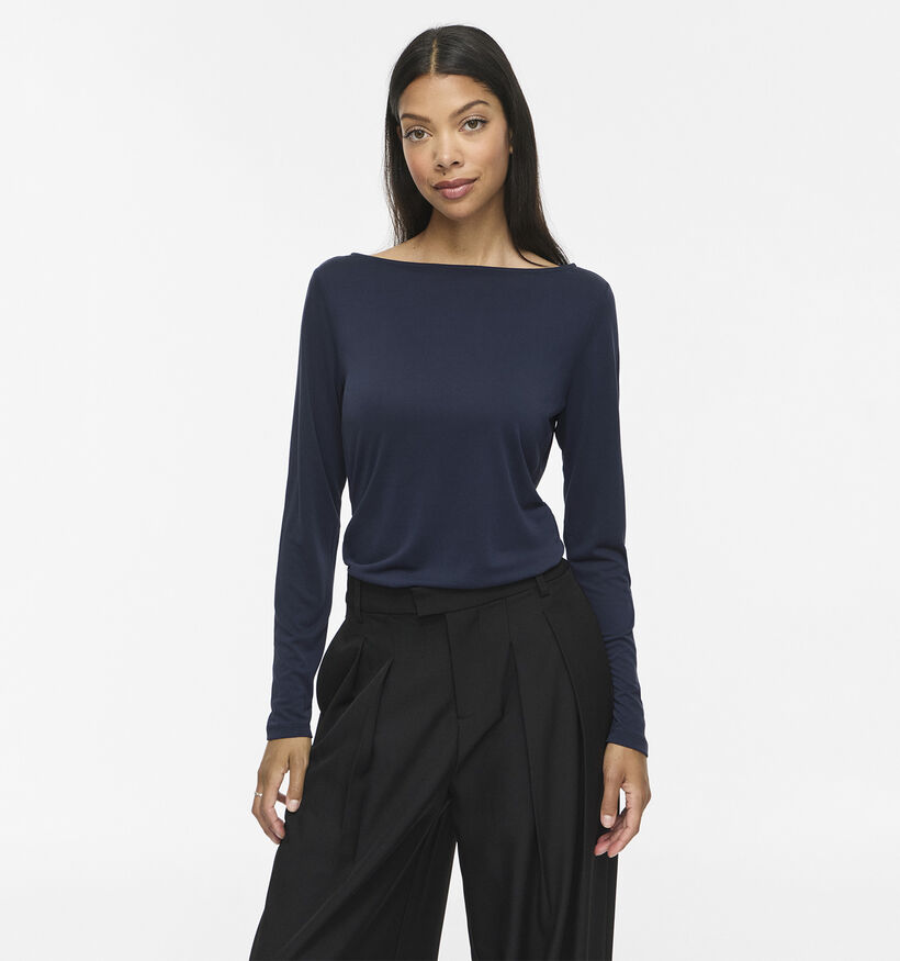 Vila Modala Donkerblauwe Boothals T-shirt met Lange Mouwen voor dames (379771)
