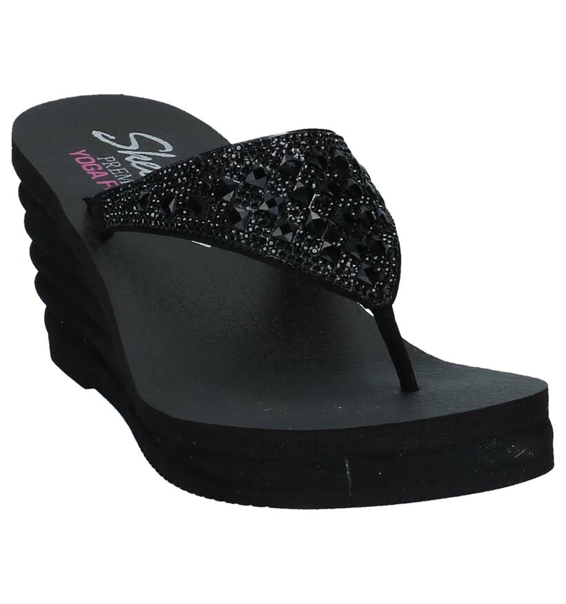 Zwarte Teenslippers met Sleehak Skechers, , pdp