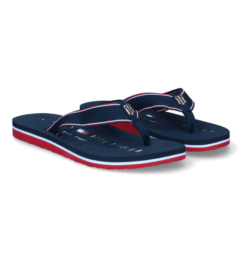 Tommy Hilfiger Hardware Flat Blauwe Teenslippers in stof (303991)