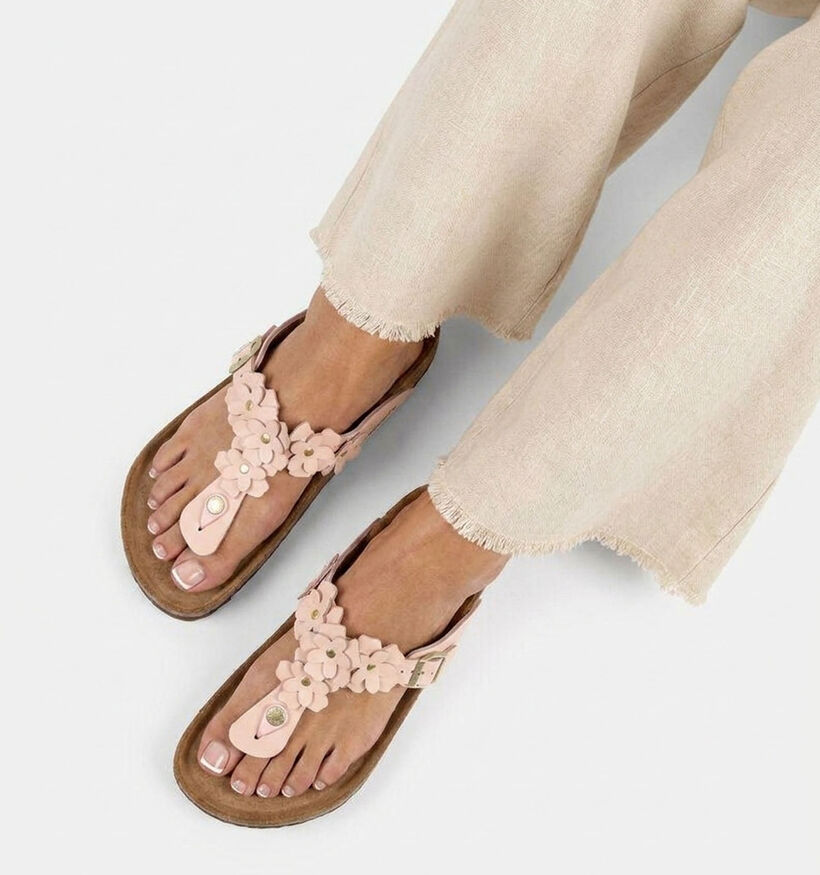 Birkenstock Gizeh Flower Leather Roze Teenslipper voor dames (373358)