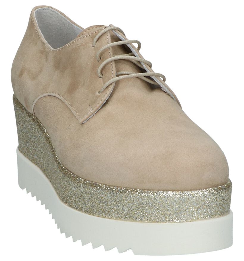 Beige Veterschoenen op Hak Via Limone in daim (216150)