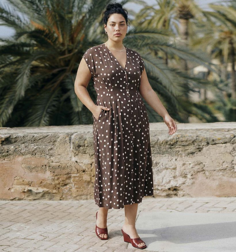 Vero Moda Curve Elisa Bruine Midi-Jurk met Stippen voor dames (375024)