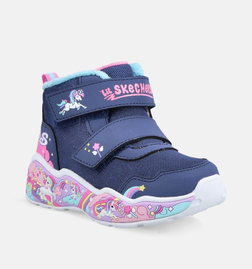 Skechers Play Scene Unicorn Chasers Baskets montantes en Bleu fonc&eacute;/Rose pour filles (376888) - pour semelles orthop&eacute;diques