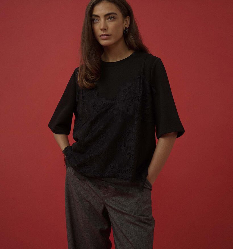 Culture Karla Zwarte T-shirt met Kanten Top Overlay voor dames (381841)