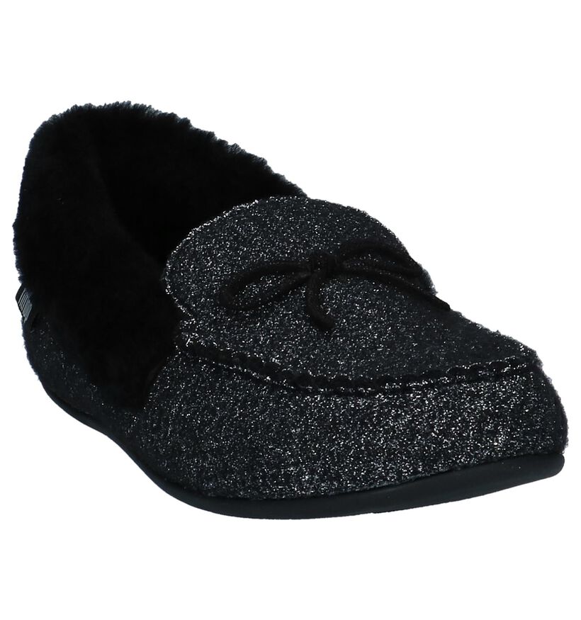 FitFlop Clara Glimmerwool Zwarte Pantoffels in stof (225583)