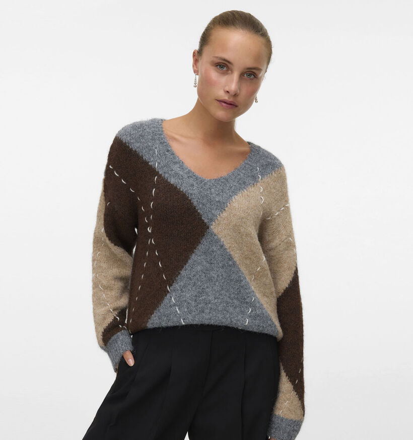 Vero Moda Bliss Handstitch Pull en Gris/Marron pour femmes (366114)