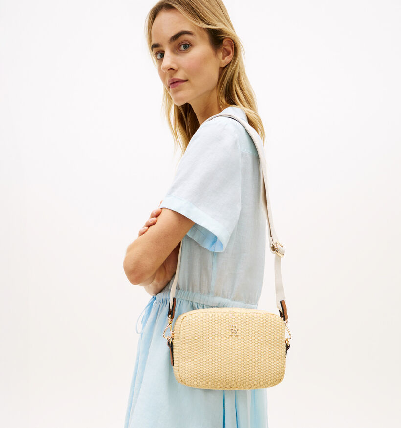 Tommy Hilfiger Popette Camera Raffia Lichtbeige/Bruine Crossbodytas voor dames (369310)