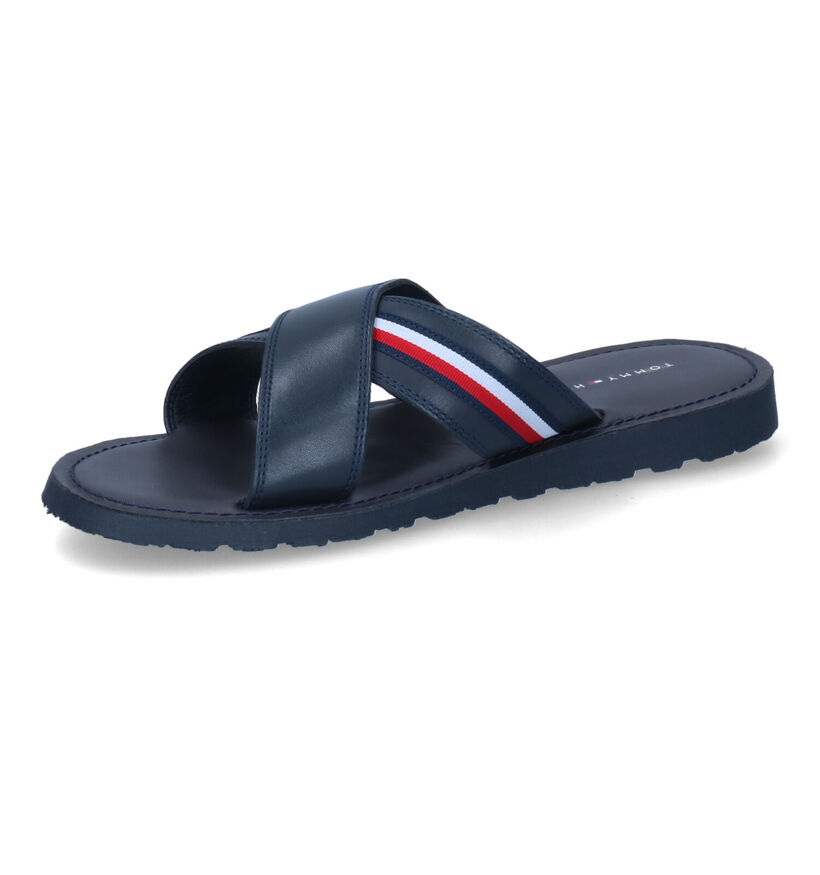 Tommy Hilfiger Criss Cross Blauwe Slippers in leer (304050)