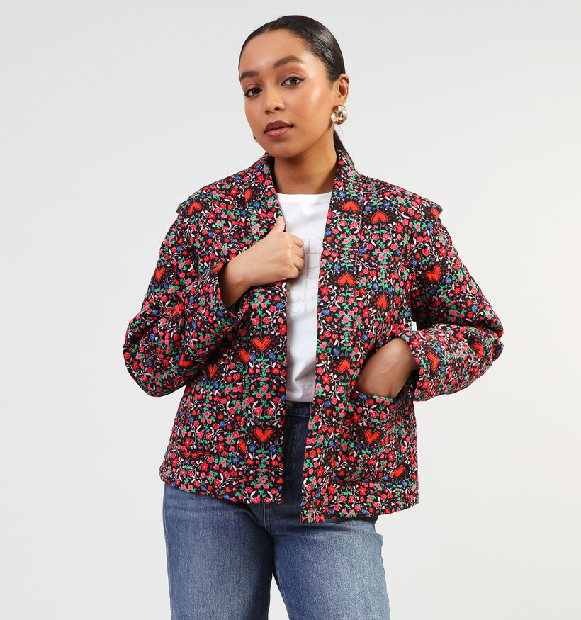 Pieces Saroline Zwarte Korte jas met rode bloemen voor dames (352464)