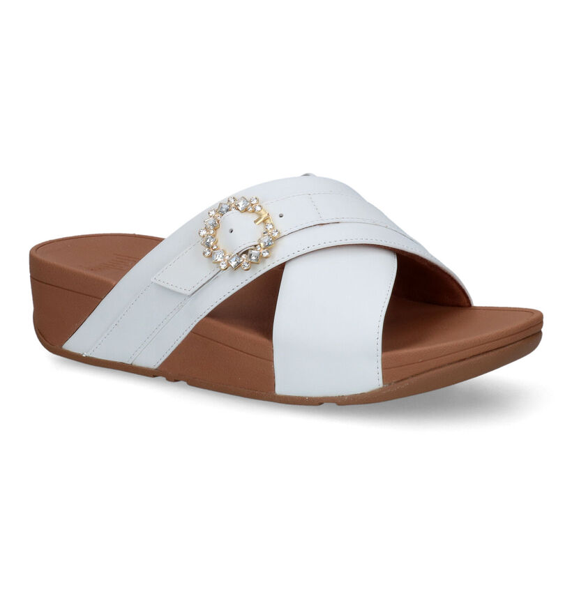 FitFlop Lulu Crystal Buckle Cross Slides Nu-pieds en Beige pour femmes (336985)