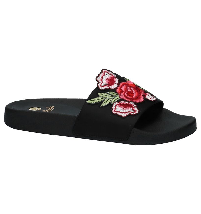Zwarte Elegante Slippers met Bloemenprint La Strada in stof (218694)