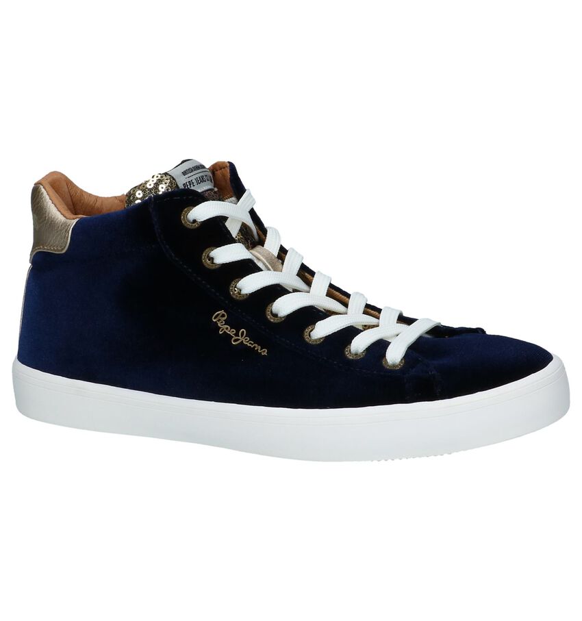 Donkerblauwe Hoge Velours Sneakers Pepe Jeans Stark Sequins pepe jeans kopen in de aanbieding