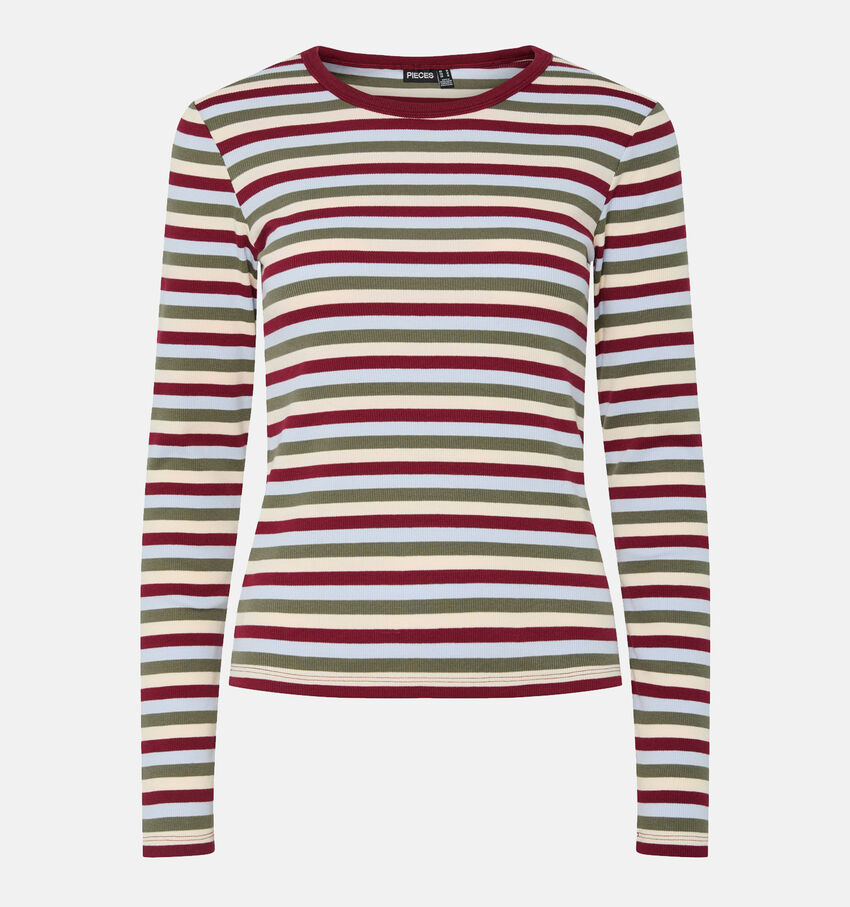Pieces May Bordeaux/Gele Gestreepte T-shirt