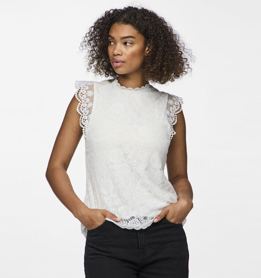 Pieces Olline Lace Witte Blouse zonder mouwen