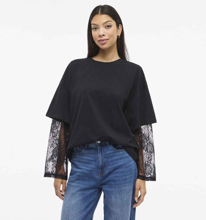 Vila Abia Lace Sleeve Zwarte T-shirt