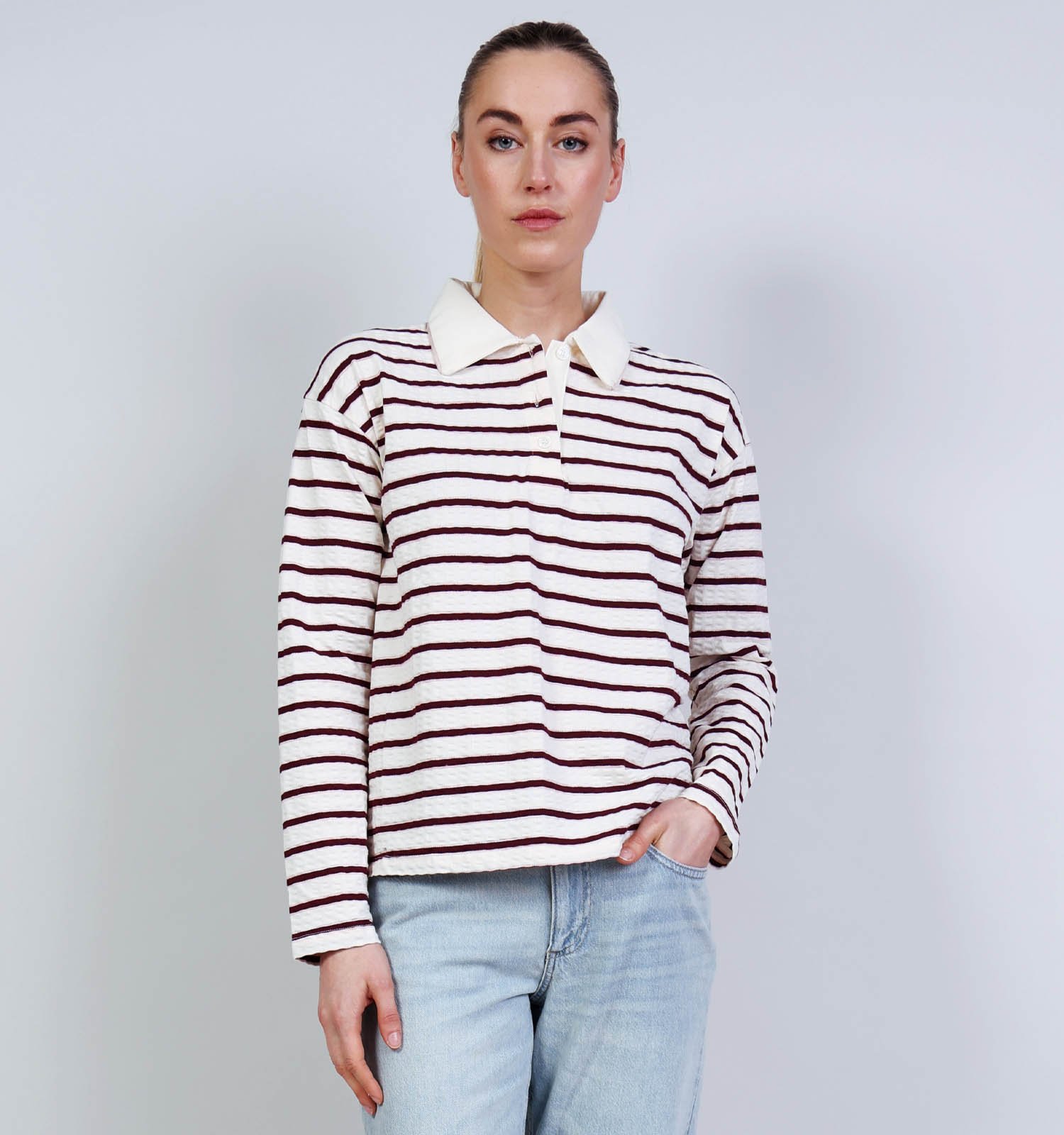 Desires Maiken Beige/Bordeaux Gestreepte Polo T-shirt