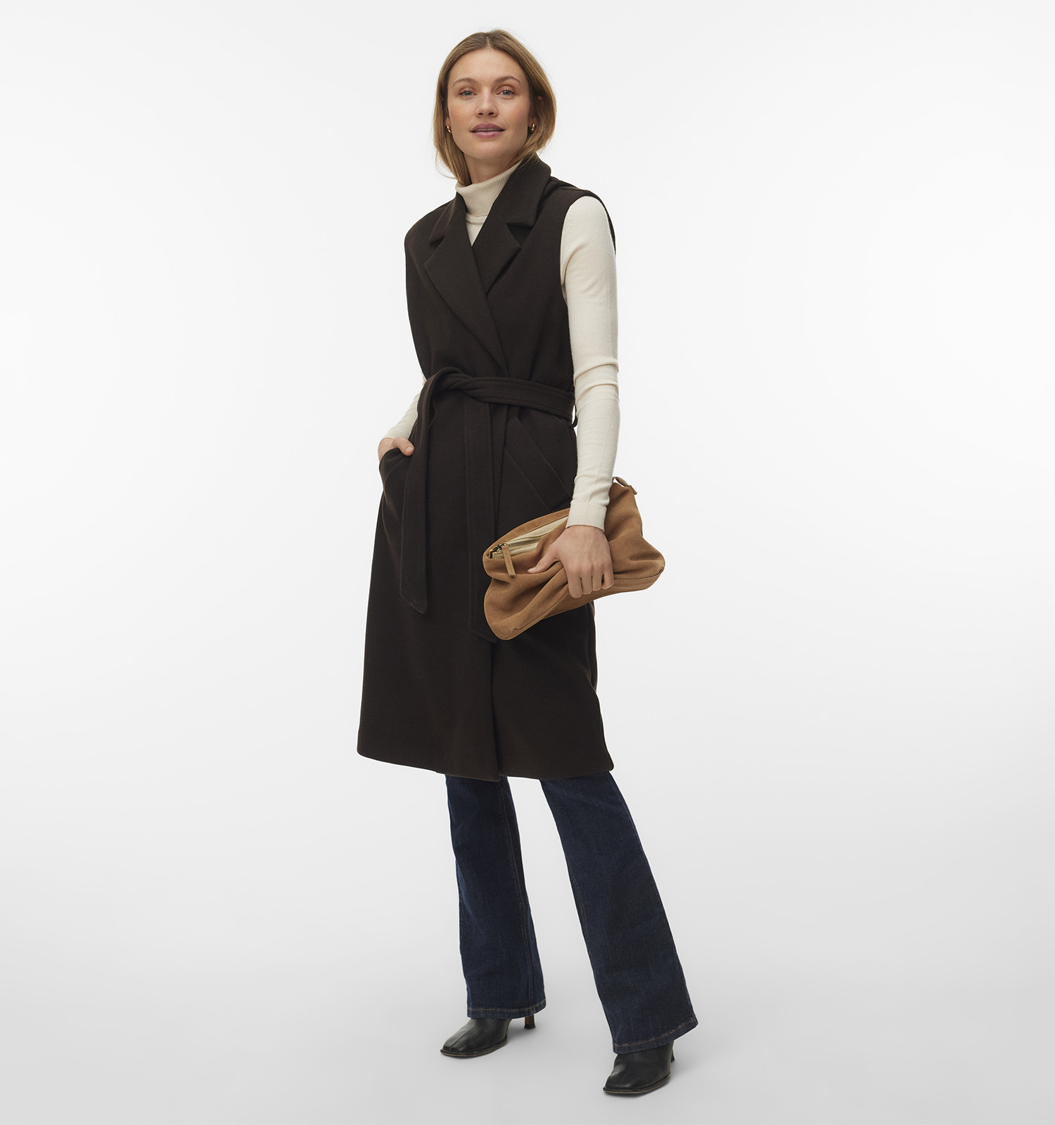 Vero Moda Fortuneaya Donkerbruine Mouweloze Lange Jas