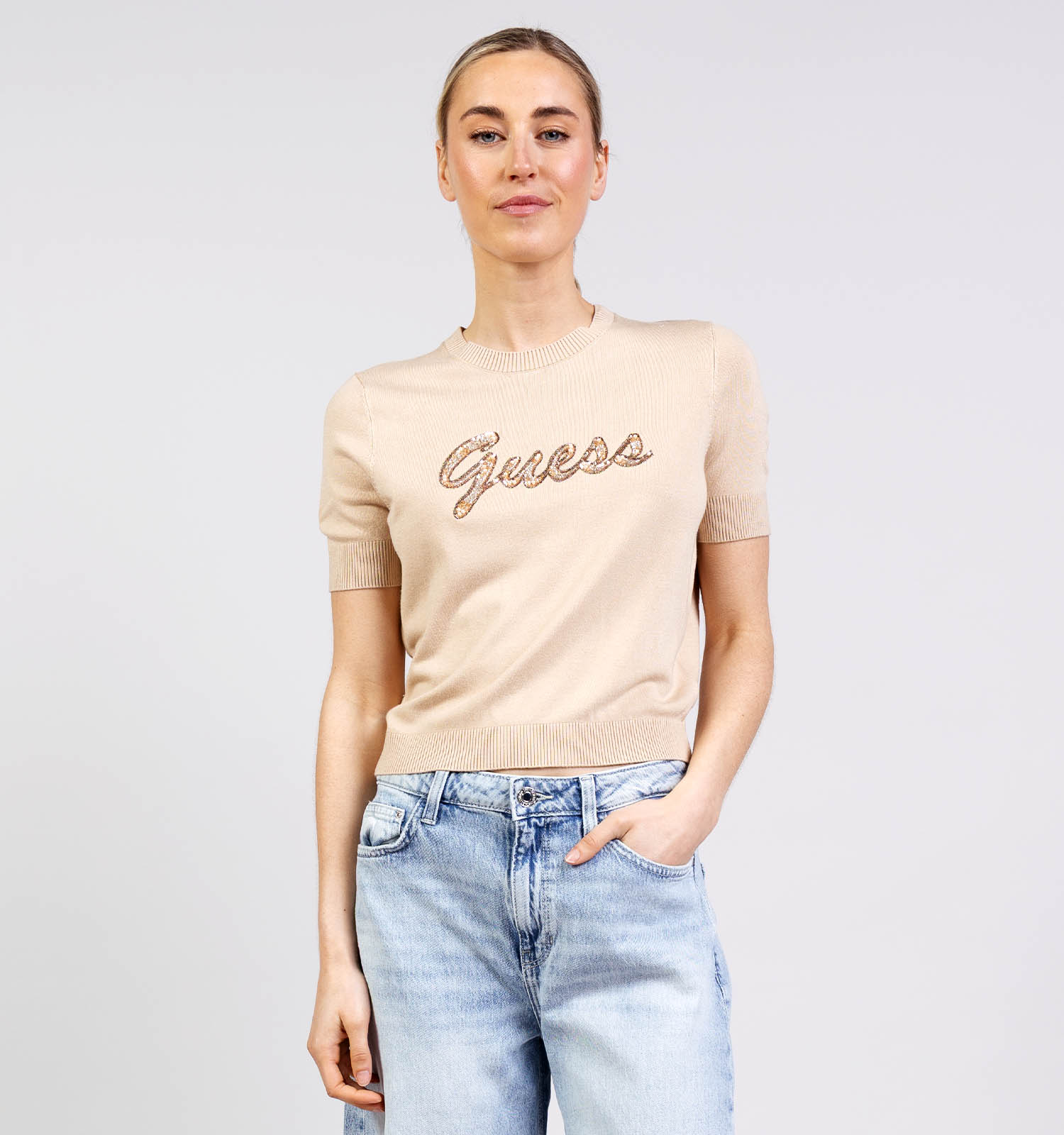 Guess Foamy Taupe Trui met Korte Mouwen