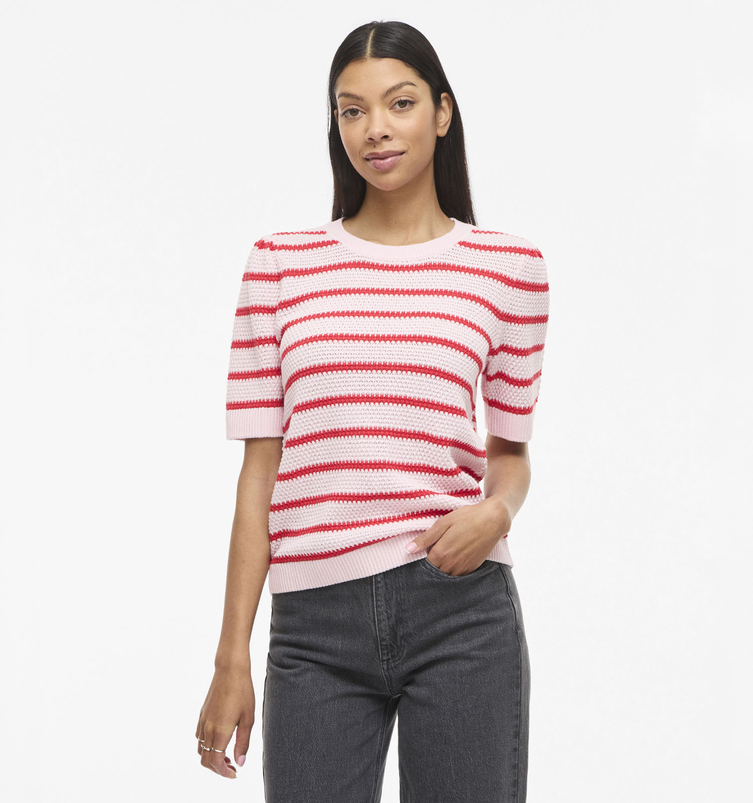 Vila Dalo Stripe Lichtroze/Rode Gestreepte Trui