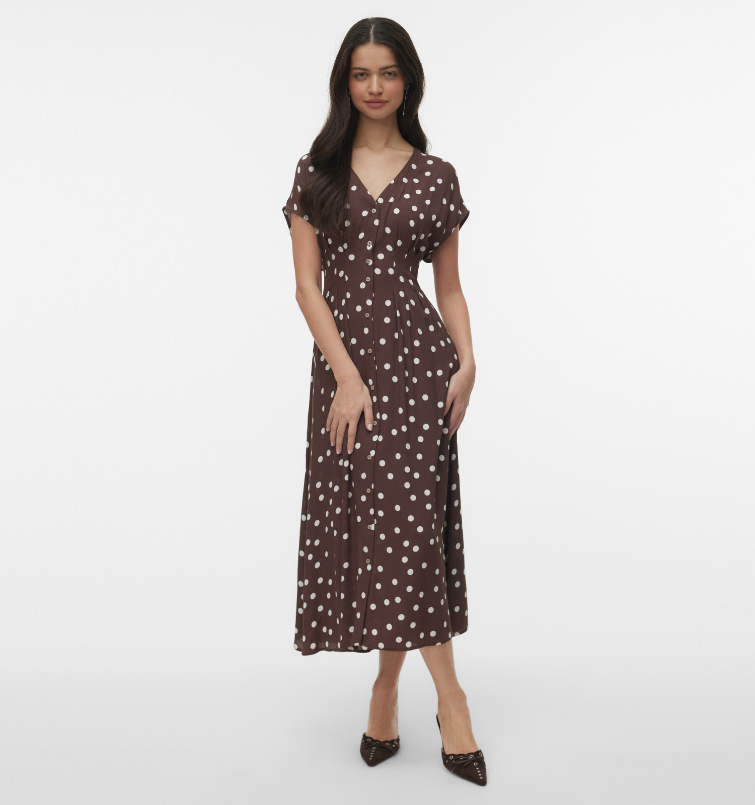 Vero Moda Elisa Bruine Midi-Jurk met Stippen