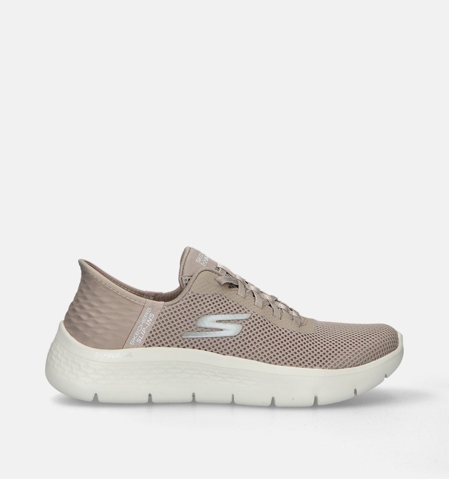 Skechers Women's Go Walk Flex Slip Ons- Taupe/ Blue
