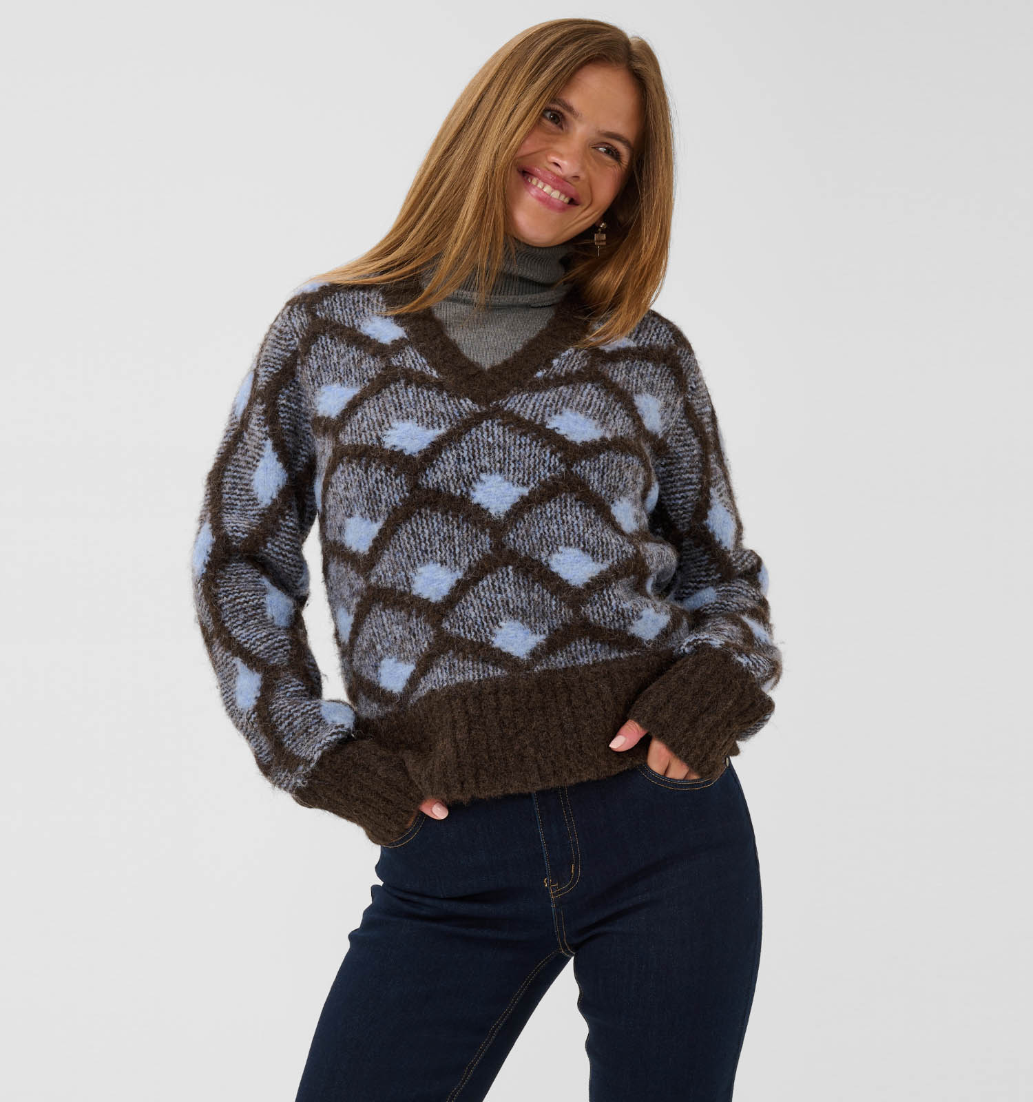 Culture Gilan Bruine/Blauwe V-Neck Trui